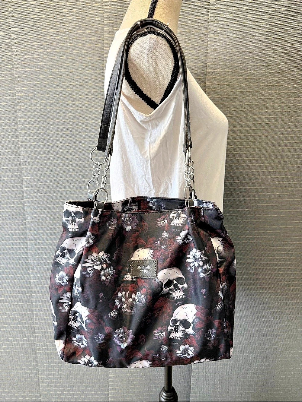 Skull Floral Print Large Tote Bag